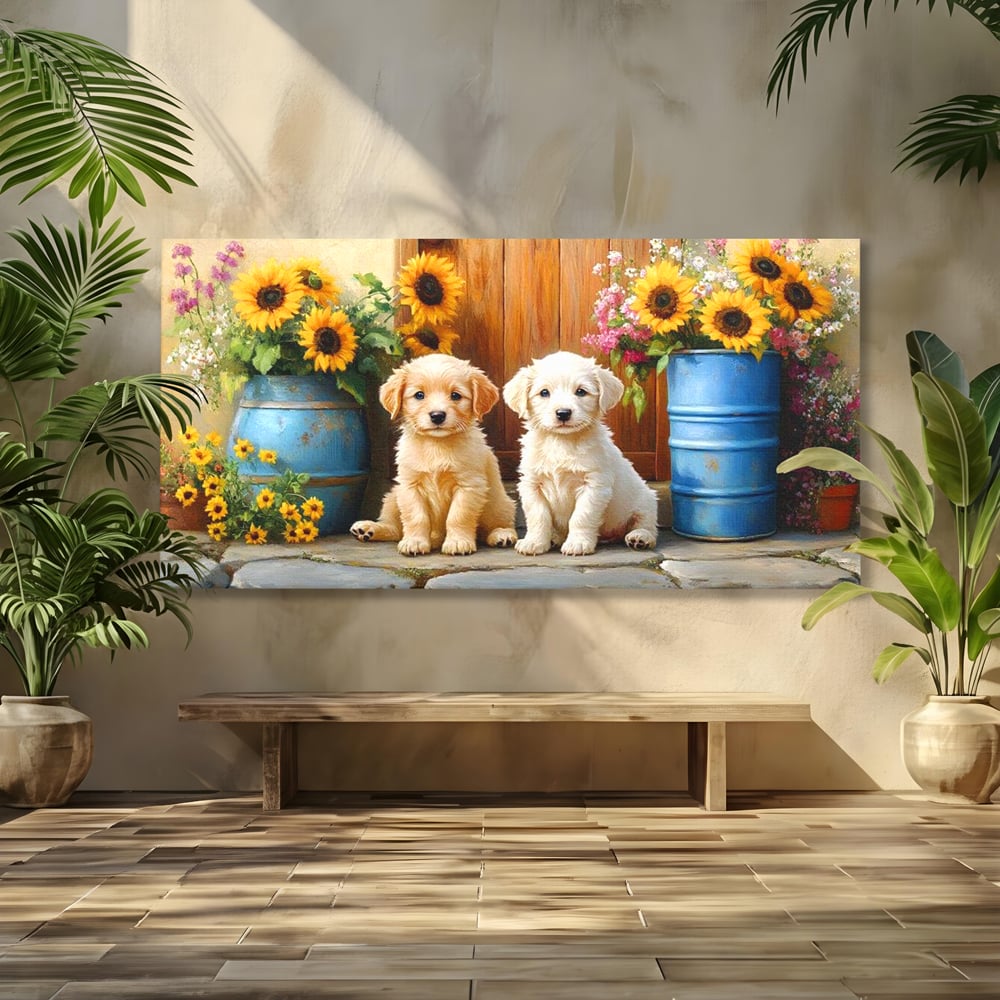Tablou canvas cu pictura cu doi catei si floarea-soarelui, fara rama, pe sasiu de lemn