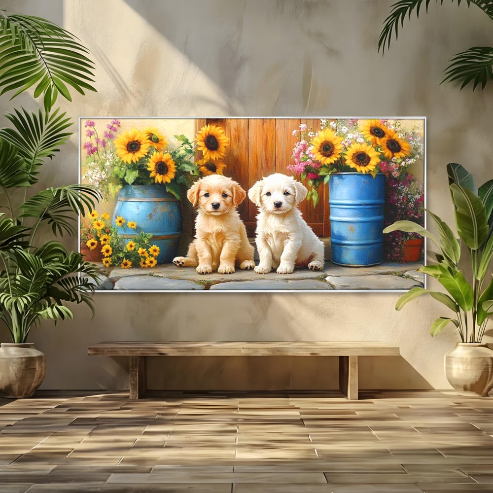 Tablou canvas cu pictura cu doi catei si floarea-soarelui, in rama de aluminiu argintiu