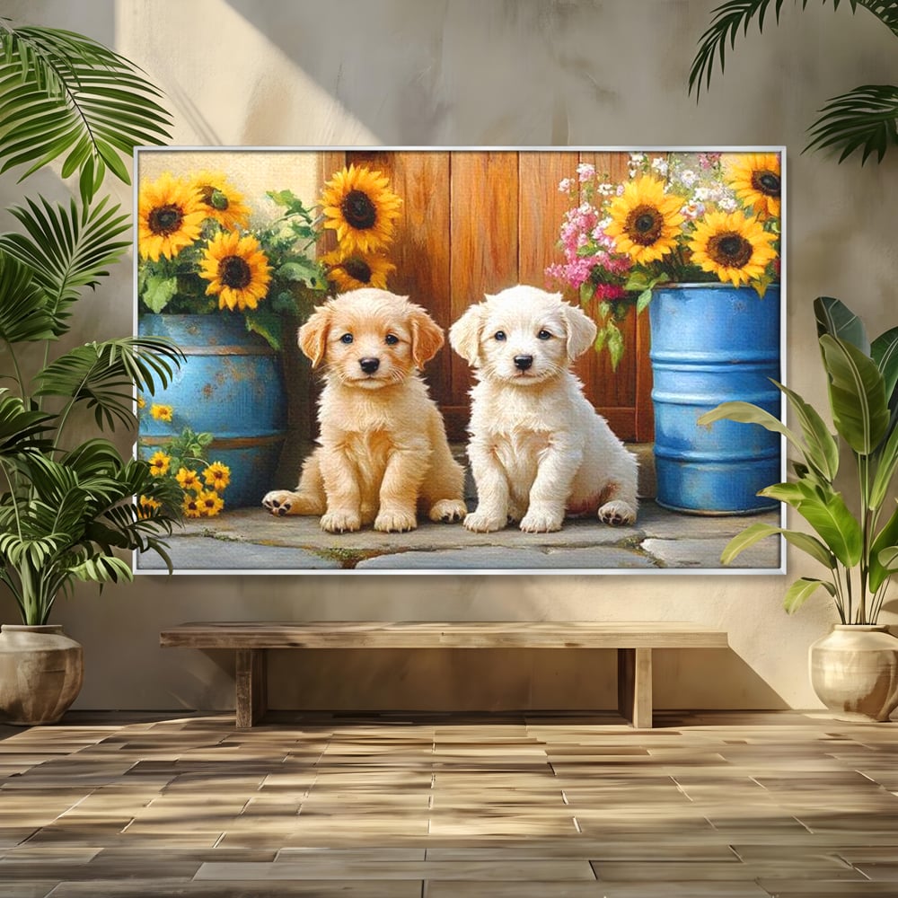 Tablou canvas cu pictura cu doi catei si floarea-soarelui, in rama de aluminiu argintiu
