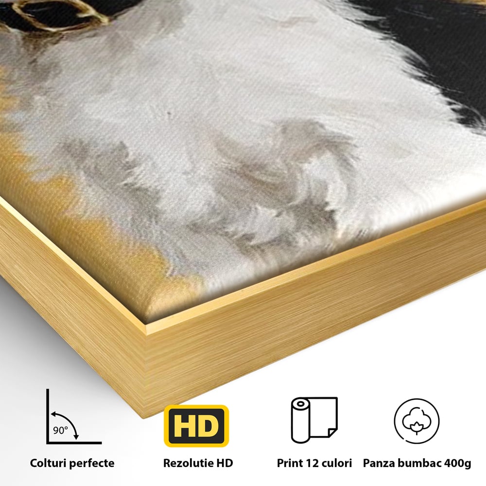 Detaliu al suprafetei: tablou canvas cu un catel pufos, in rama de aluminiu auriu