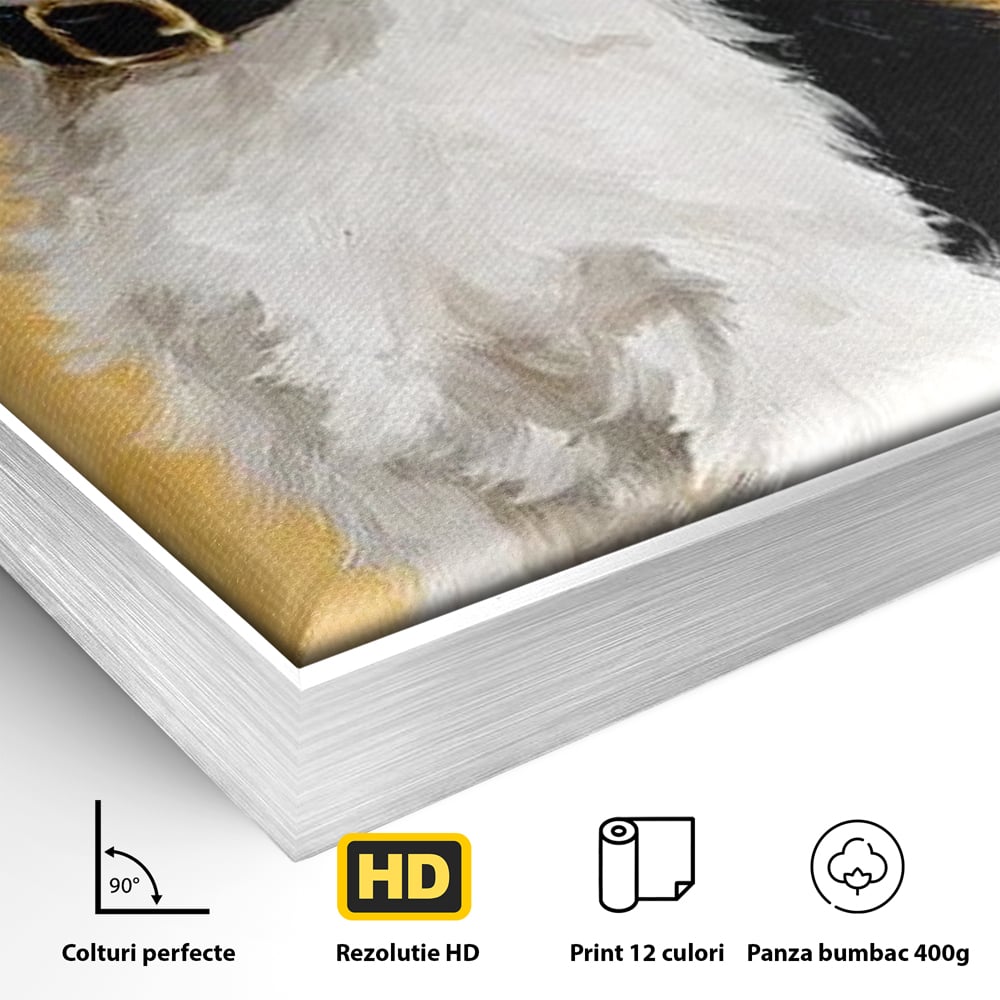 Detaliu al suprafetei: tablou canvas cu un catel pufos, in rama de aluminiu argintiu