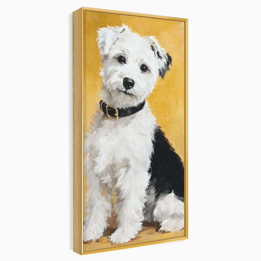 Tablou canvas cu tablou canvas cu un catel pufos, in rama de aluminiu auriu