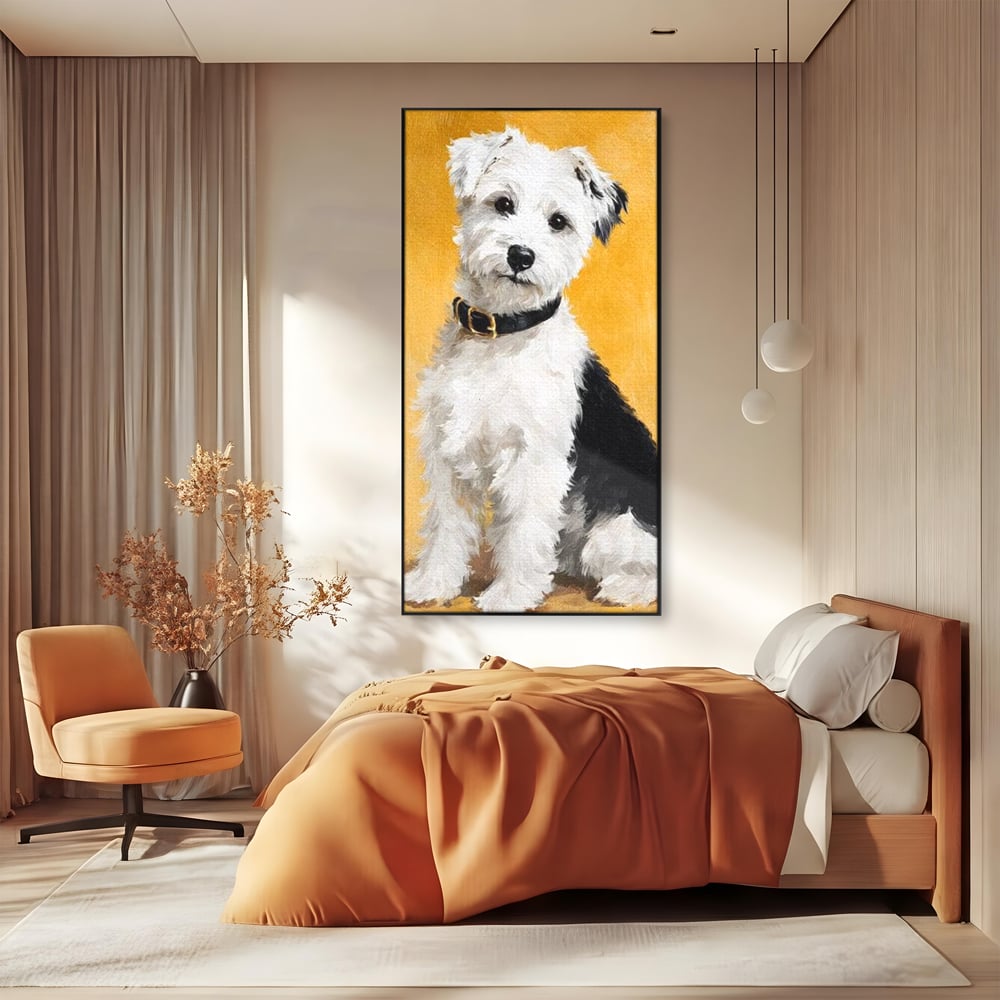 Tablou canvas cu tablou canvas cu un catel pufos, in rama de aluminiu negru, pe perete intr-un dormitor