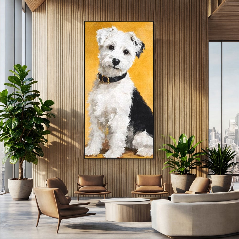 Tablou canvas cu tablou canvas cu un catel pufos, in rama de aluminiu negru, pe perete intr-un birou