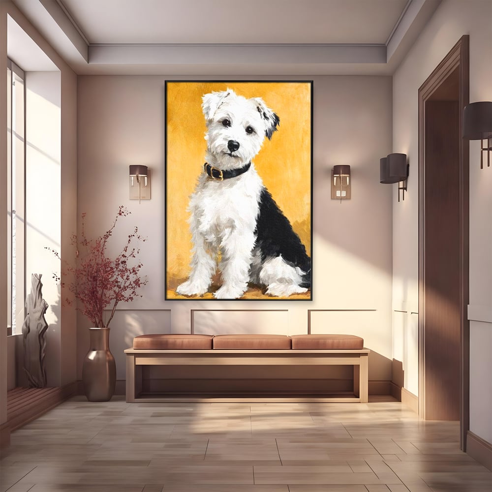 Tablou canvas cu tablou canvas cu un catel pufos, in rama de aluminiu negru