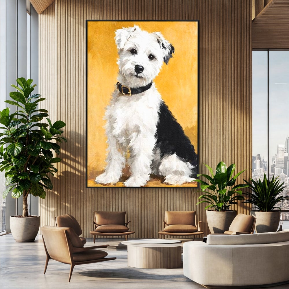 Tablou canvas cu tablou canvas cu un catel pufos, in rama de aluminiu negru, pe perete intr-un birou