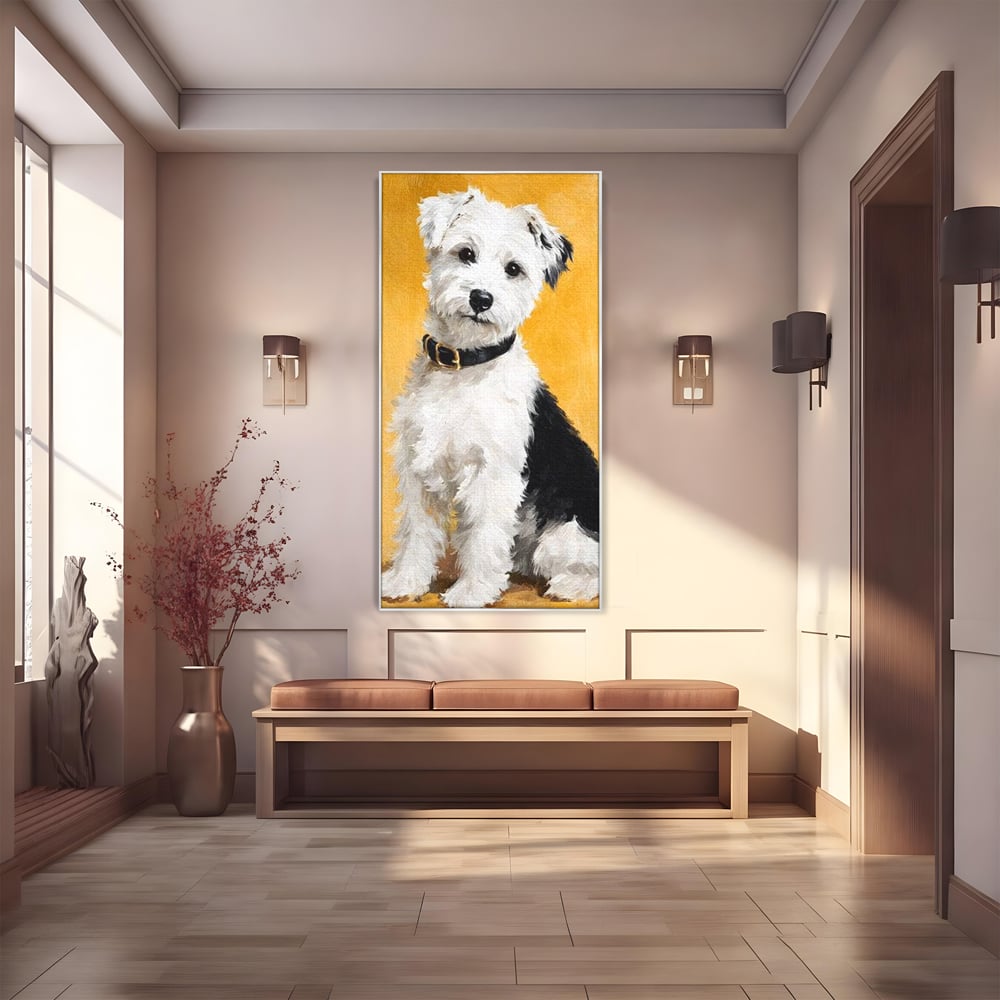 Tablou canvas cu tablou canvas cu un catel pufos, in rama de aluminiu argintiu
