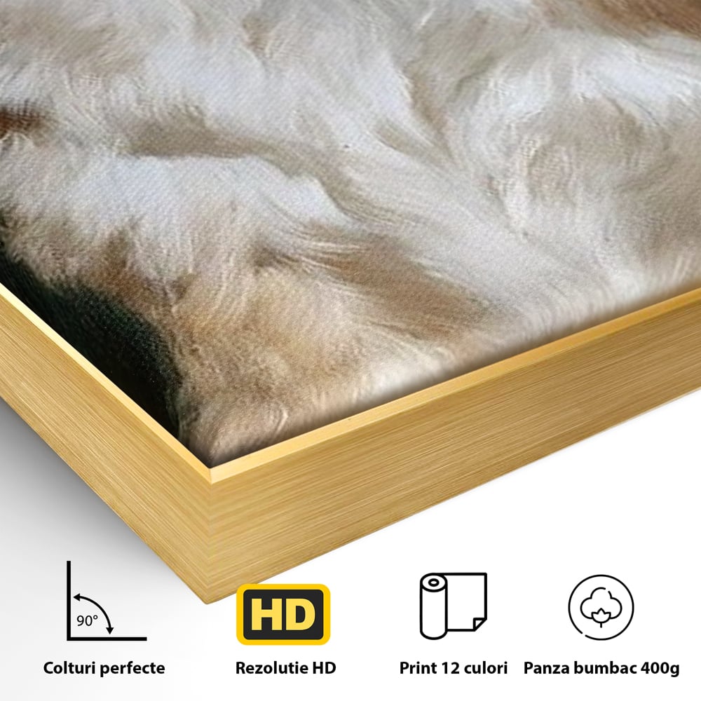Detaliu al suprafetei: tablou canvas cu catel prietenos in gradina, in rama de aluminiu auriu