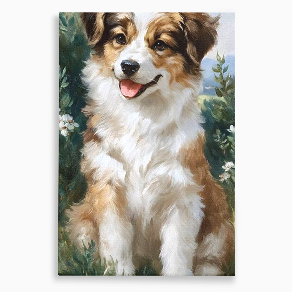 Tablou canvas cu tablou canvas cu catel prietenos in gradina, fara rama, pe sasiu de lemn