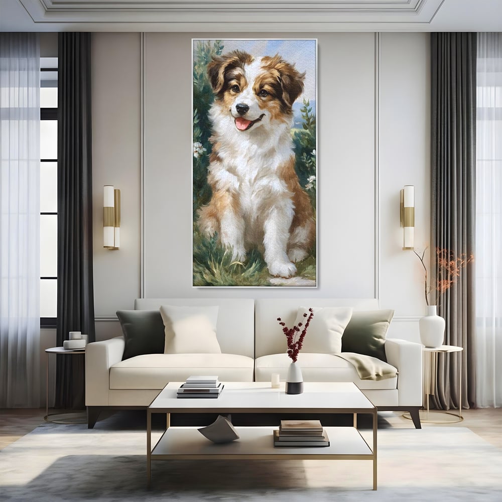 Tablou canvas cu tablou canvas cu catel prietenos in gradina, in rama de aluminiu argintiu, pe perete intr-un living