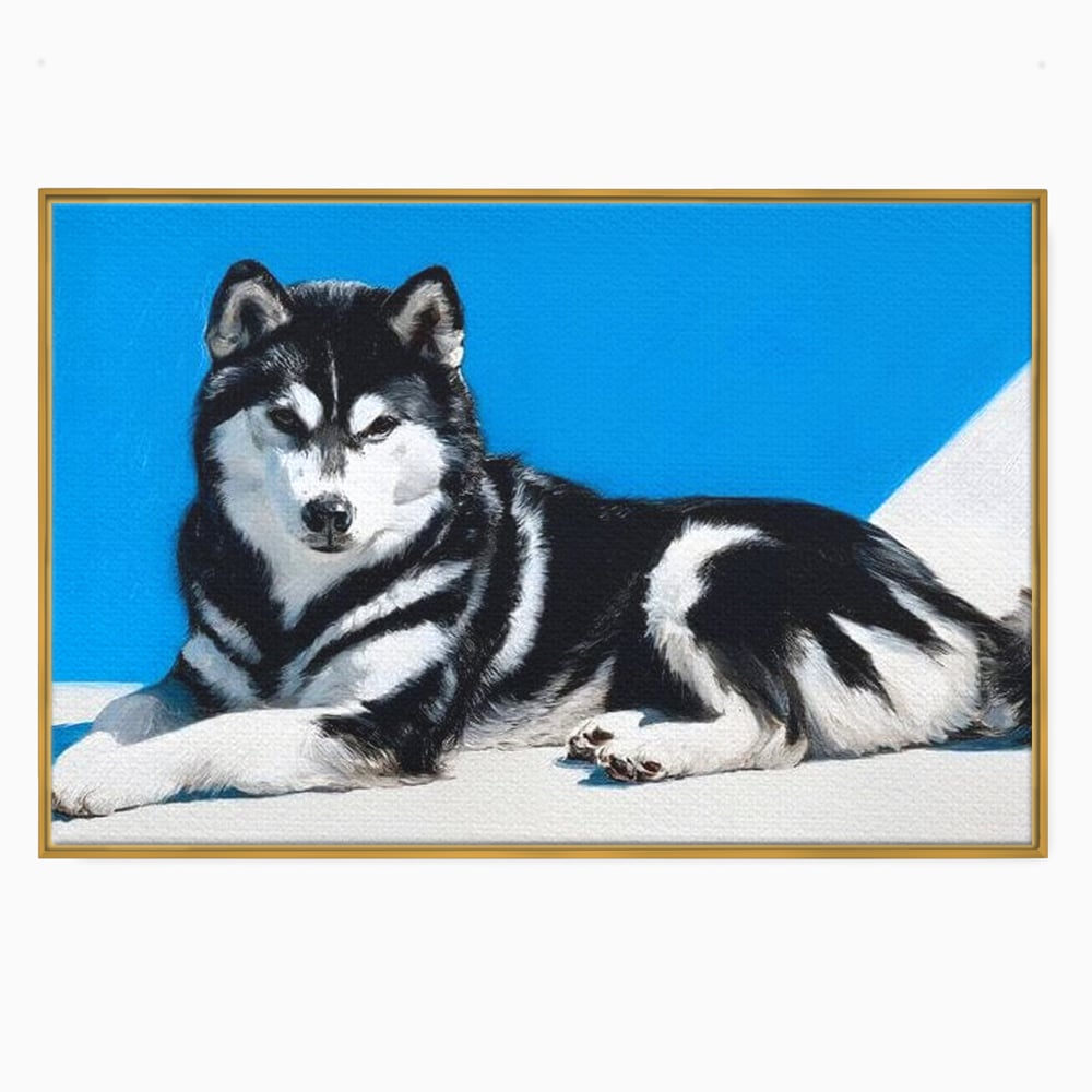 Tablou canvas cu tablou canvas cu husky alb-negru, in rama de aluminiu auriu
