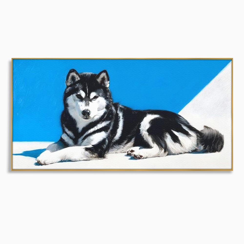 Tablou canvas cu tablou canvas cu husky alb-negru, in rama de aluminiu auriu