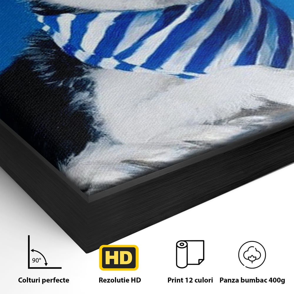 Detaliu al suprafetei: tablou cu caine shiba in stil marinar, in rama de aluminiu negru