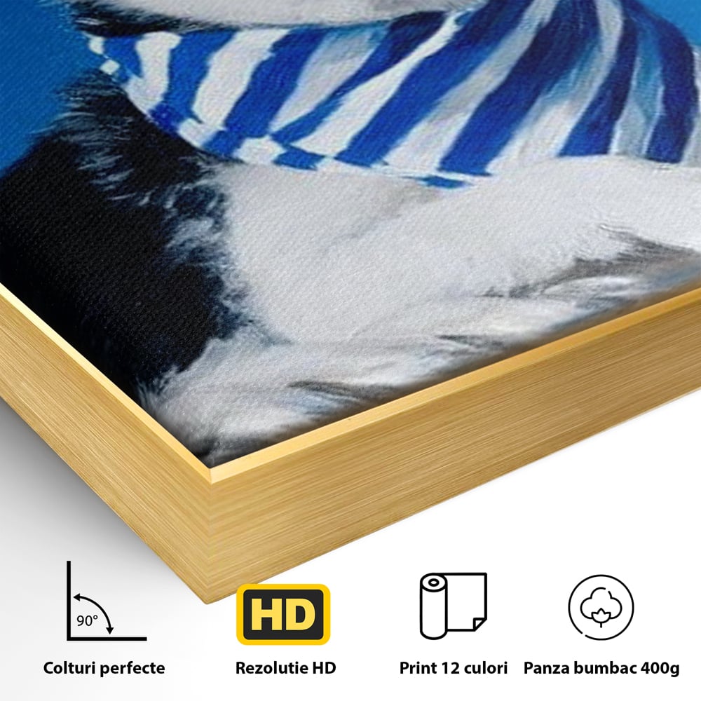 Detaliu al suprafetei: tablou cu caine shiba in stil marinar, in rama de aluminiu auriu