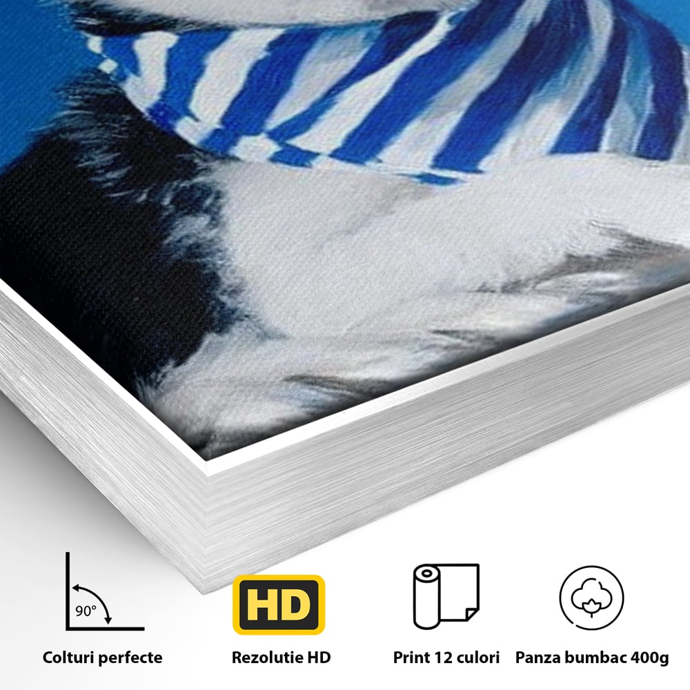 Detaliu al suprafetei: tablou cu caine shiba in stil marinar, in rama de aluminiu argintiu