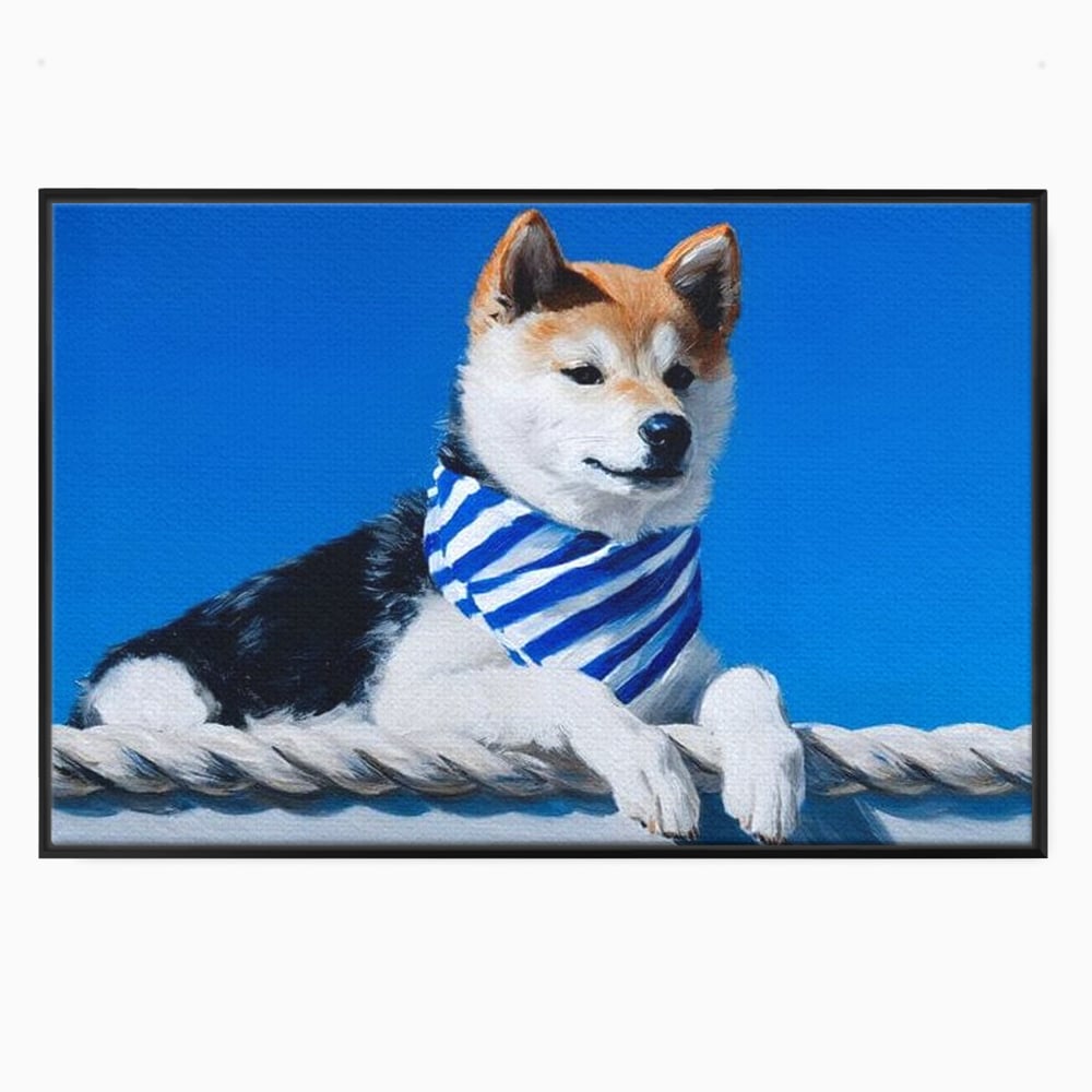 Tablou canvas cu tablou cu caine shiba in stil marinar, in rama de aluminiu negru