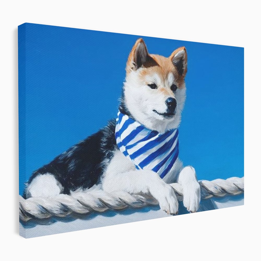 Tablou canvas cu tablou cu caine shiba in stil marinar, fara rama, pe sasiu de lemn