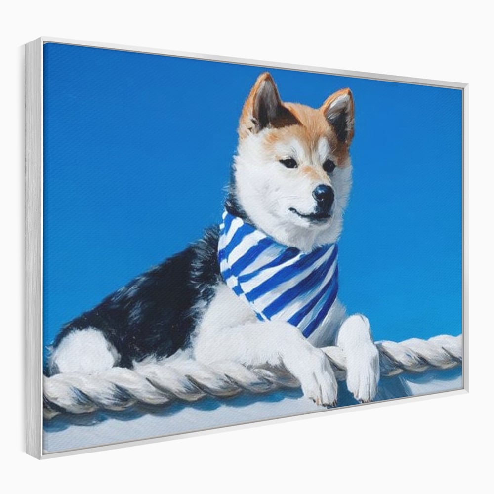 Tablou canvas cu tablou cu caine shiba in stil marinar, in rama de aluminiu argintiu