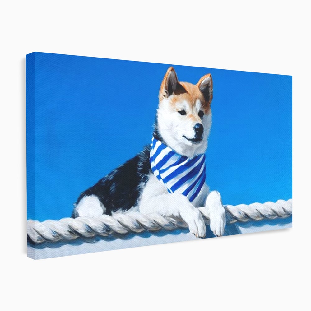 Tablou canvas cu tablou cu caine shiba in stil marinar, fara rama, pe sasiu de lemn