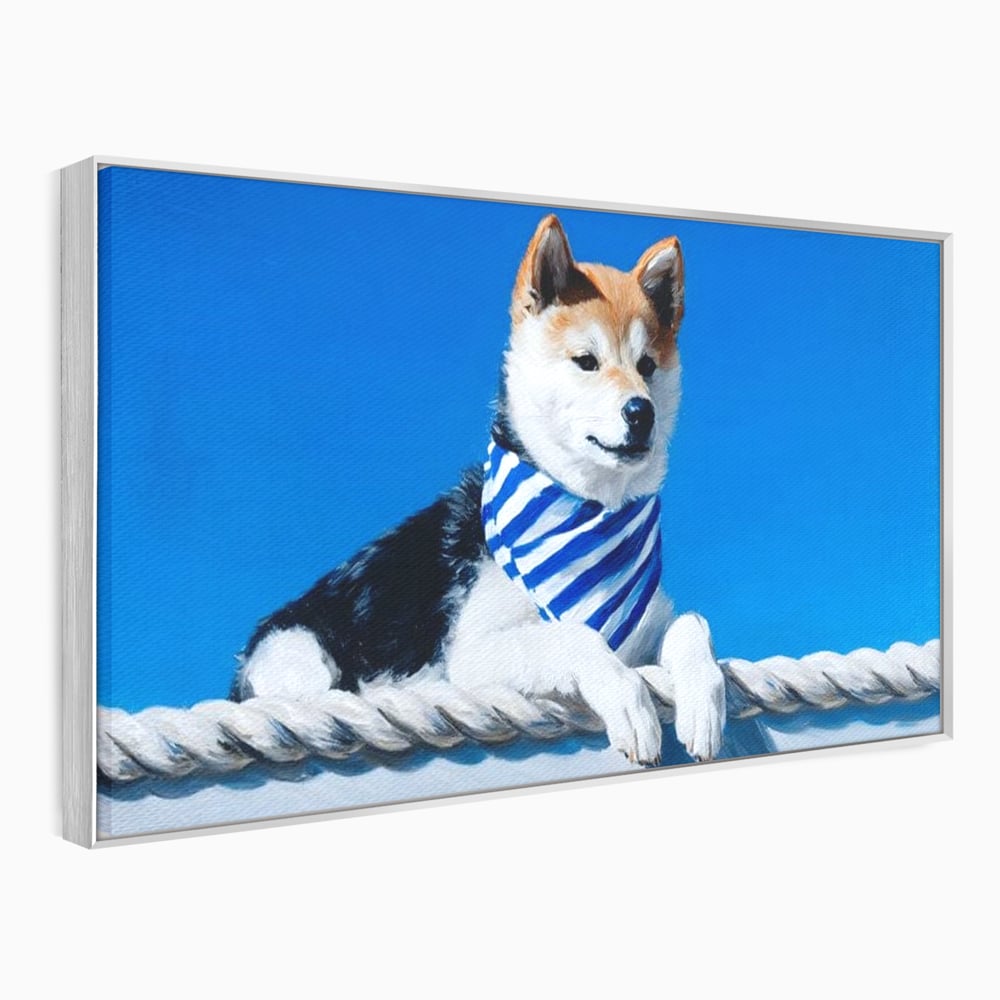 Tablou canvas cu tablou cu caine shiba in stil marinar, in rama de aluminiu argintiu
