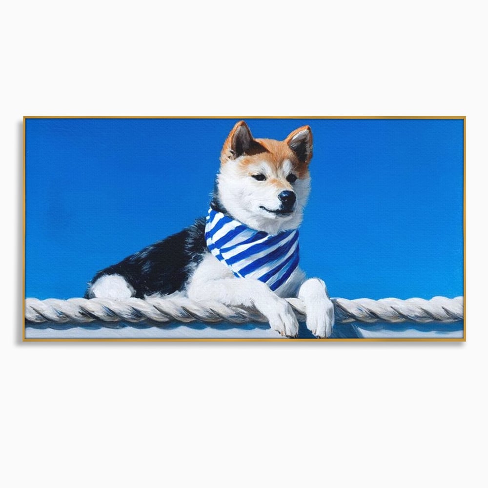 Tablou canvas cu tablou cu caine shiba in stil marinar, in rama de aluminiu auriu