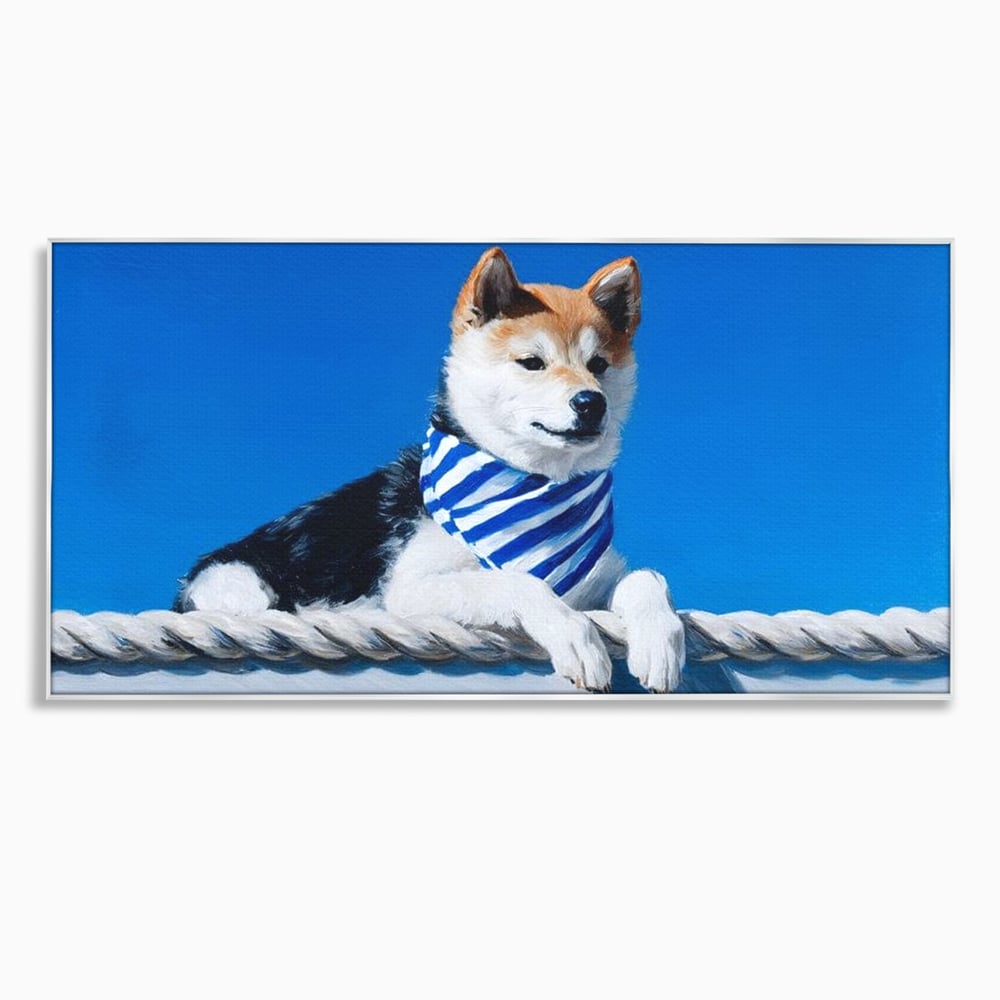 Tablou canvas cu tablou cu caine shiba in stil marinar, in rama de aluminiu argintiu