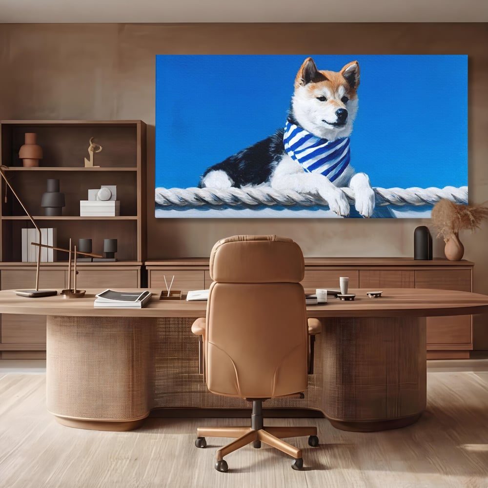 Tablou canvas cu tablou cu caine shiba in stil marinar, fara rama, pe sasiu de lemn, pe perete intr-un birou