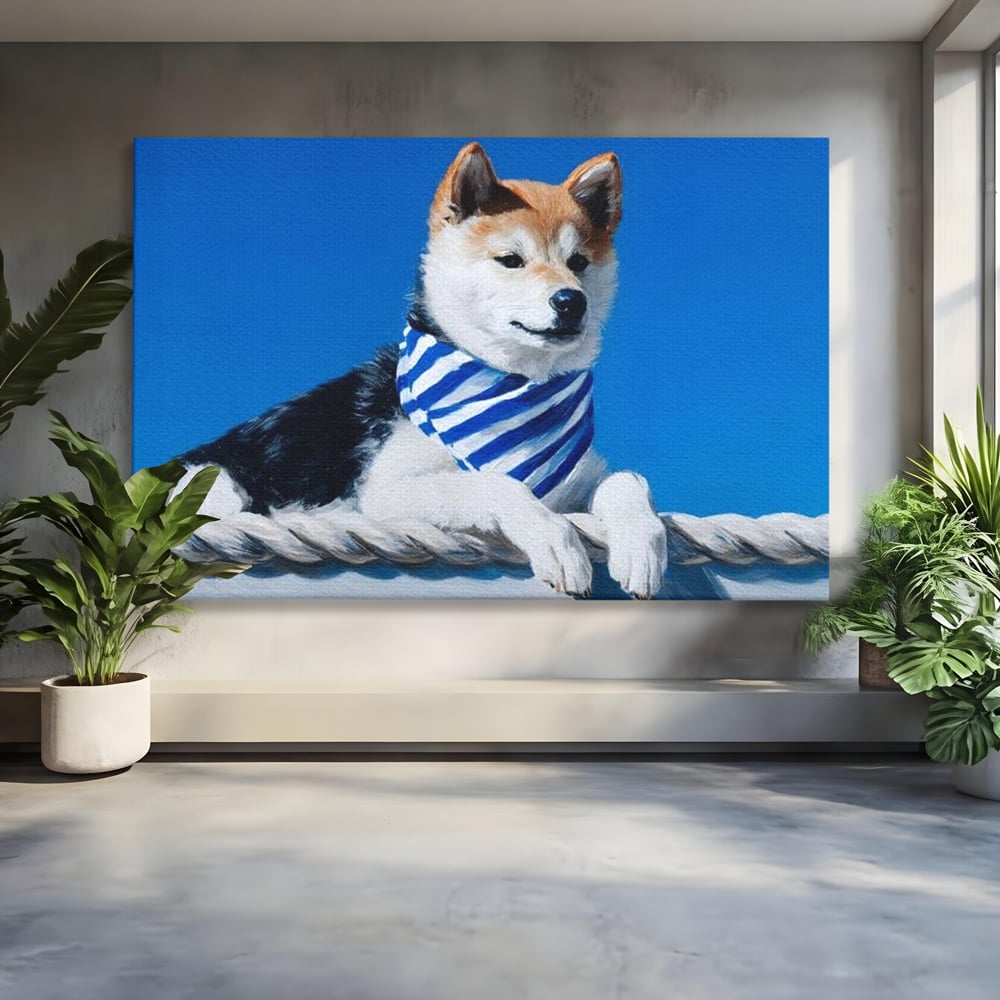 Tablou canvas cu tablou cu caine shiba in stil marinar, fara rama, pe sasiu de lemn