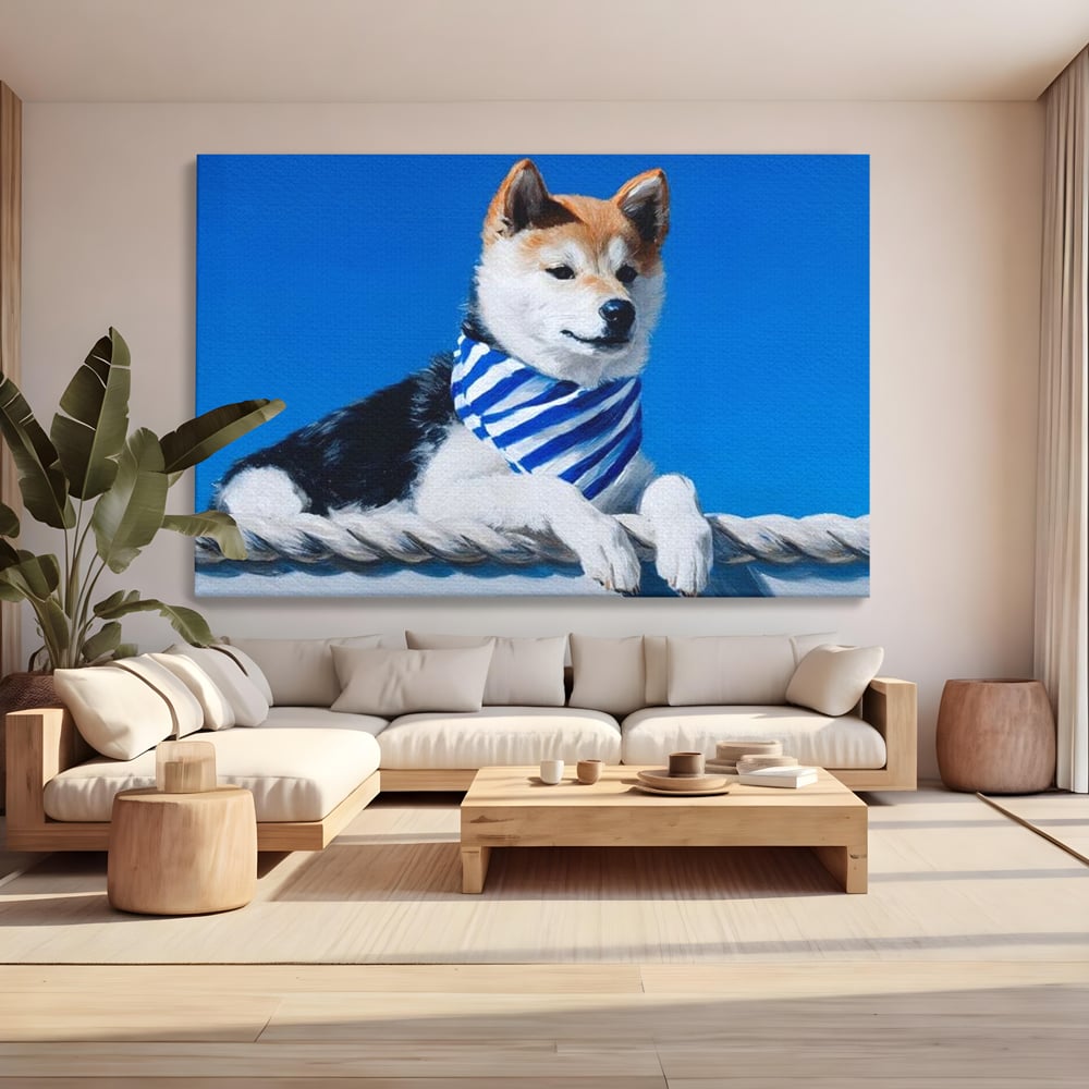 Tablou canvas cu tablou cu caine shiba in stil marinar, fara rama, pe sasiu de lemn, pe perete intr-un living