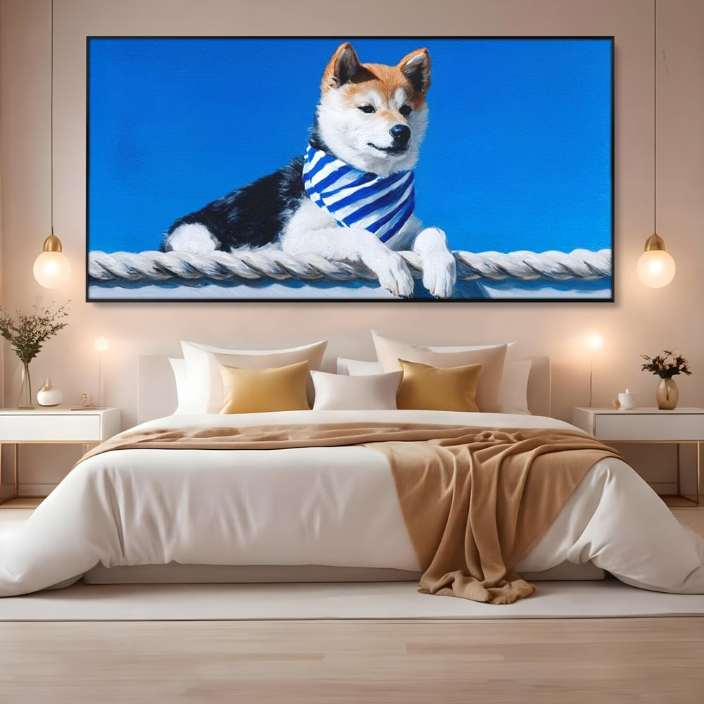 Tablou canvas cu tablou cu caine shiba in stil marinar, in rama de aluminiu negru, pe perete intr-un dormitor