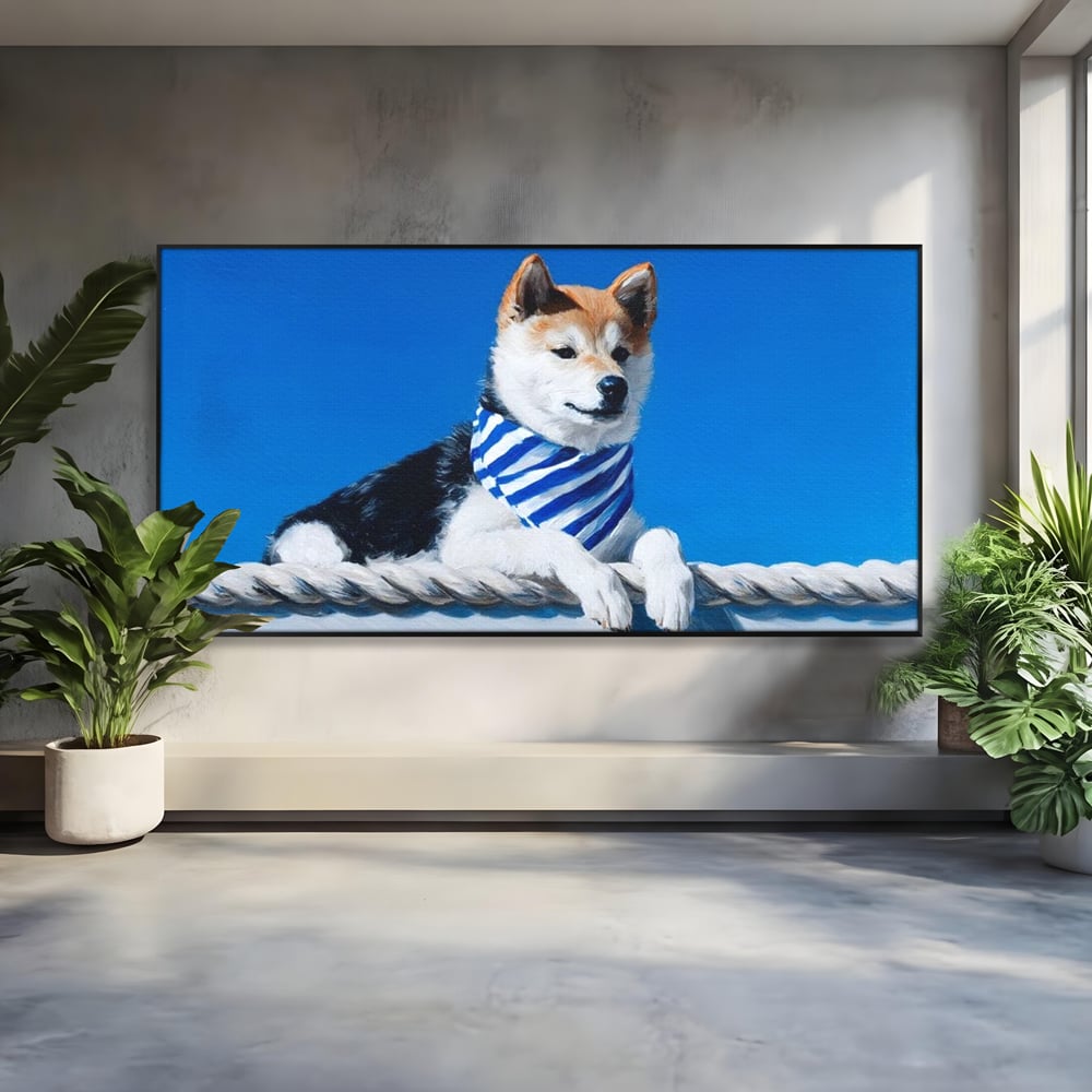 Tablou canvas cu tablou cu caine shiba in stil marinar, in rama de aluminiu negru