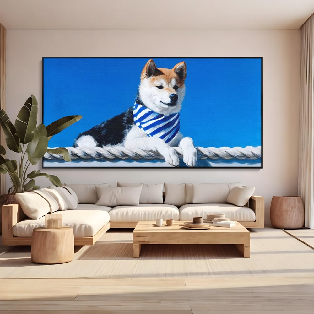 Tablou canvas cu tablou cu caine shiba in stil marinar, in rama de aluminiu negru, pe perete intr-un living