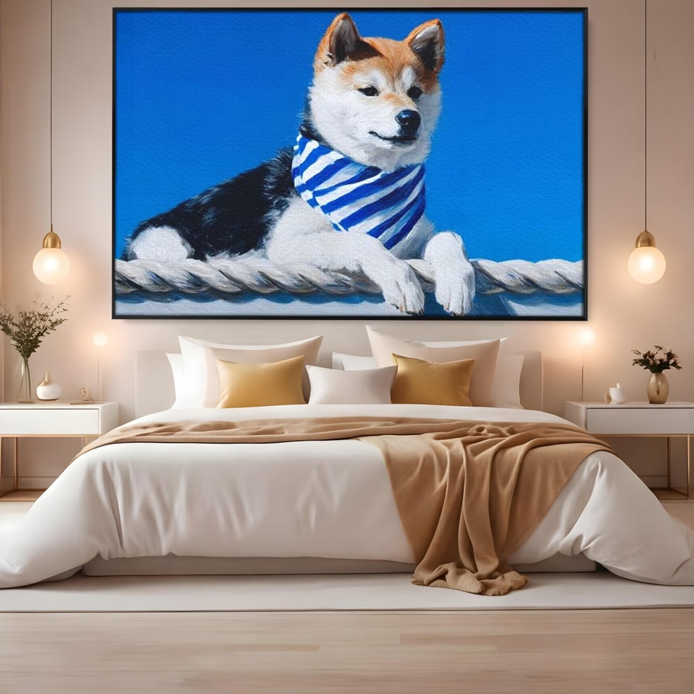 Tablou canvas cu tablou cu caine shiba in stil marinar, in rama de aluminiu negru, pe perete intr-un dormitor