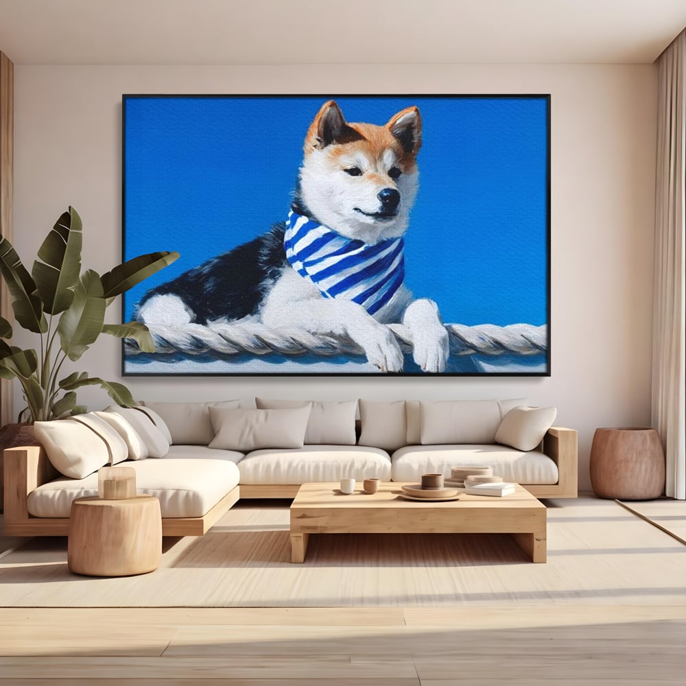 Tablou canvas cu tablou cu caine shiba in stil marinar, in rama de aluminiu negru, pe perete intr-un living