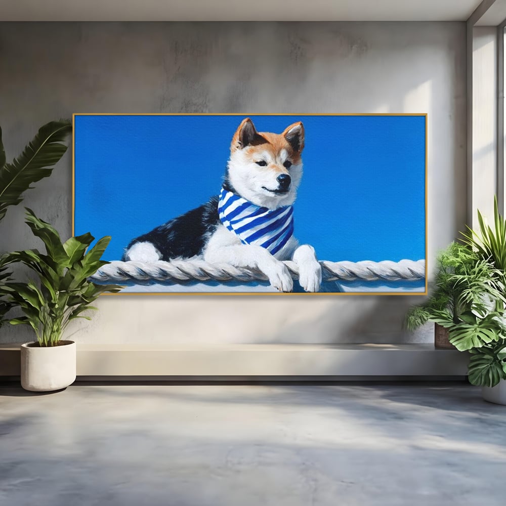 Tablou canvas cu tablou cu caine shiba in stil marinar, in rama de aluminiu auriu