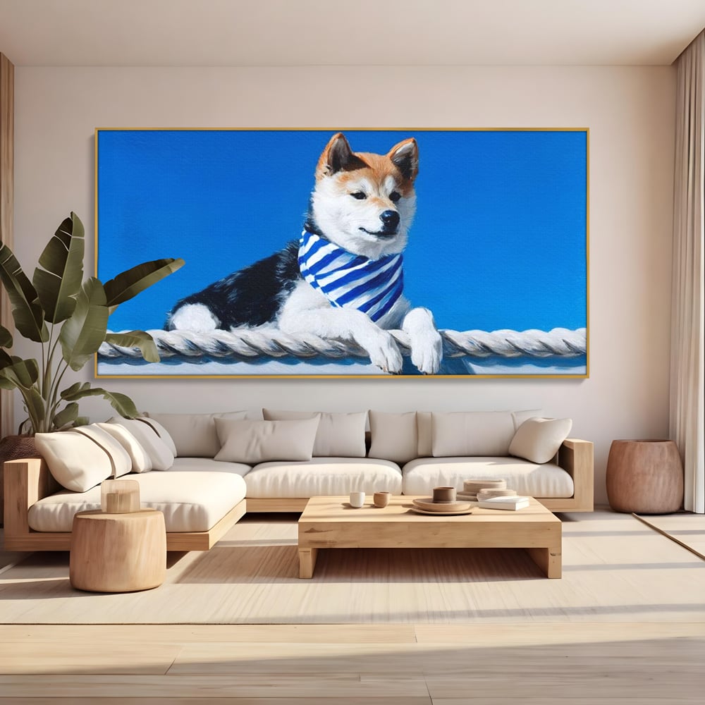 Tablou canvas cu tablou cu caine shiba in stil marinar, in rama de aluminiu auriu, pe perete intr-un living