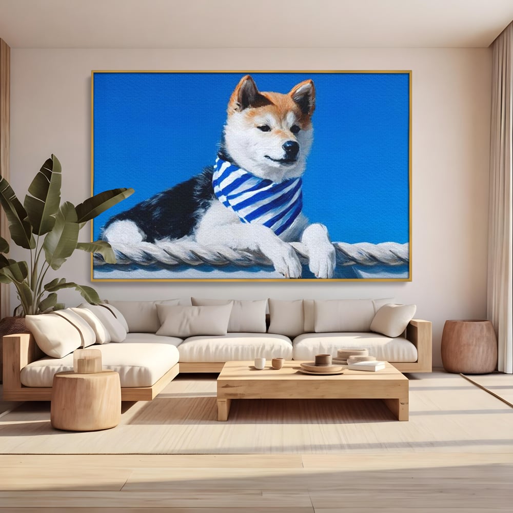 Tablou canvas cu tablou cu caine shiba in stil marinar, in rama de aluminiu auriu, pe perete intr-un living