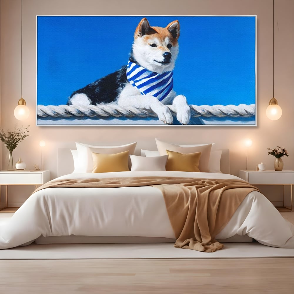 Tablou canvas cu tablou cu caine shiba in stil marinar, in rama de aluminiu argintiu, pe perete intr-un dormitor