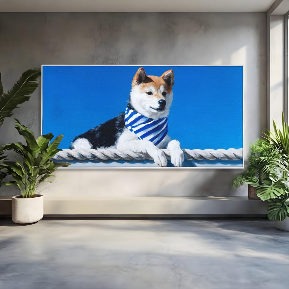Tablou canvas cu tablou cu caine shiba in stil marinar, in rama de aluminiu argintiu