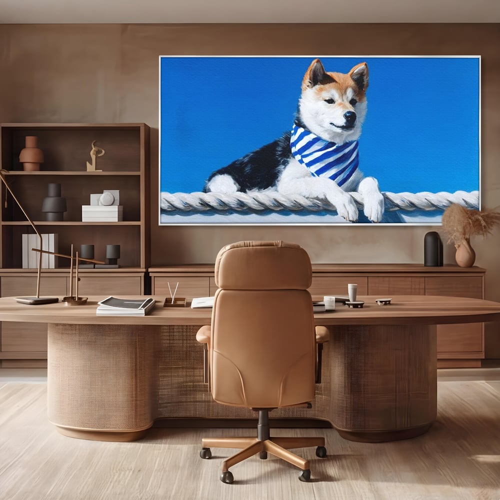 Tablou canvas cu tablou cu caine shiba in stil marinar, in rama de aluminiu argintiu, pe perete intr-un birou