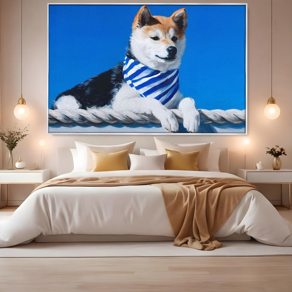 Tablou canvas cu tablou cu caine shiba in stil marinar, in rama de aluminiu argintiu, pe perete intr-un dormitor