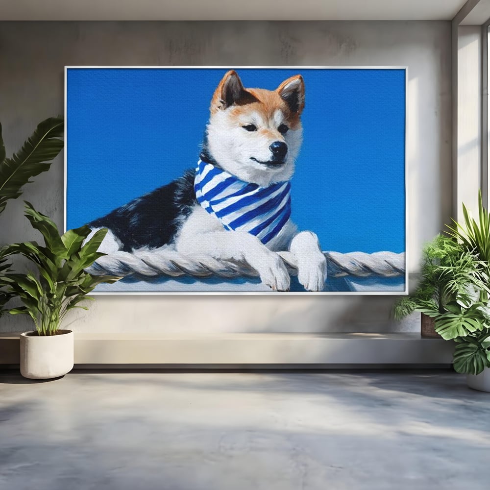 Tablou canvas cu tablou cu caine shiba in stil marinar, in rama de aluminiu argintiu
