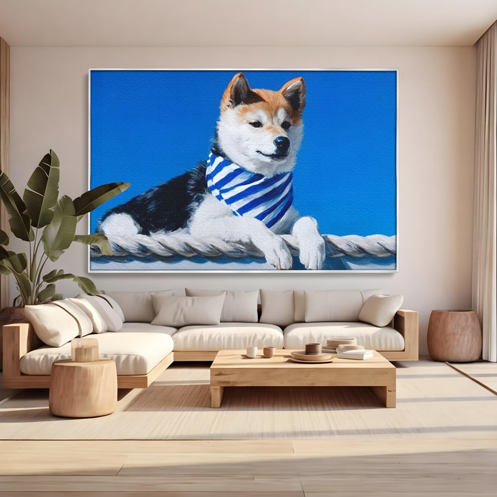 Tablou canvas cu tablou cu caine shiba in stil marinar, in rama de aluminiu argintiu, pe perete intr-un living