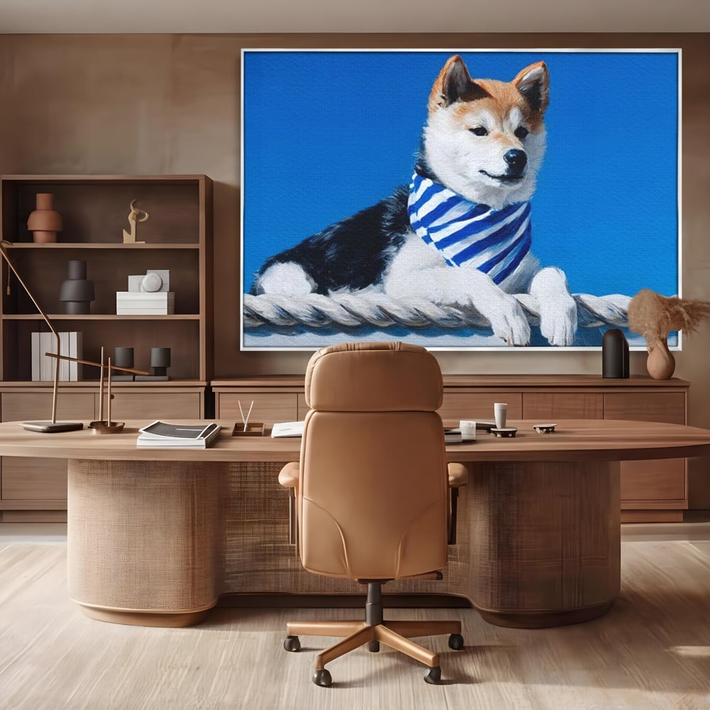 Tablou canvas cu tablou cu caine shiba in stil marinar, in rama de aluminiu argintiu, pe perete intr-un birou