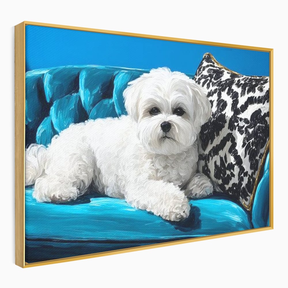 Tablou canvas cu pictura cu bichon alb pe canapea, in rama de aluminiu auriu