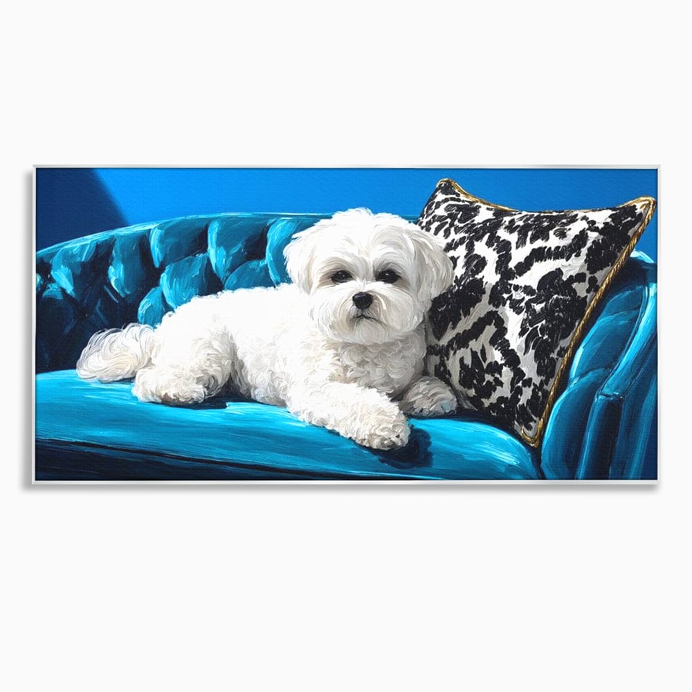 Tablou canvas cu pictura cu bichon alb pe canapea, in rama de aluminiu argintiu