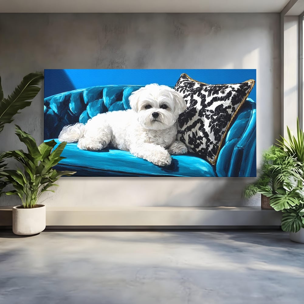 Tablou canvas cu pictura cu bichon alb pe canapea, fara rama, pe sasiu de lemn