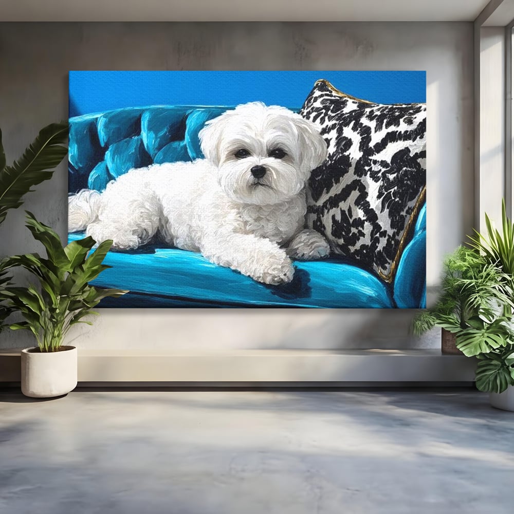Tablou canvas cu pictura cu bichon alb pe canapea, fara rama, pe sasiu de lemn