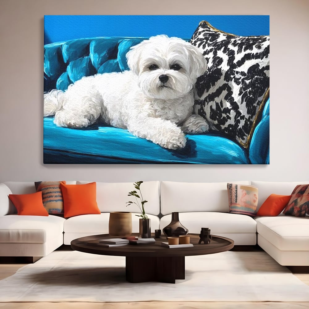 Tablou canvas cu pictura cu bichon alb pe canapea, fara rama, pe sasiu de lemn, pe perete intr-un living