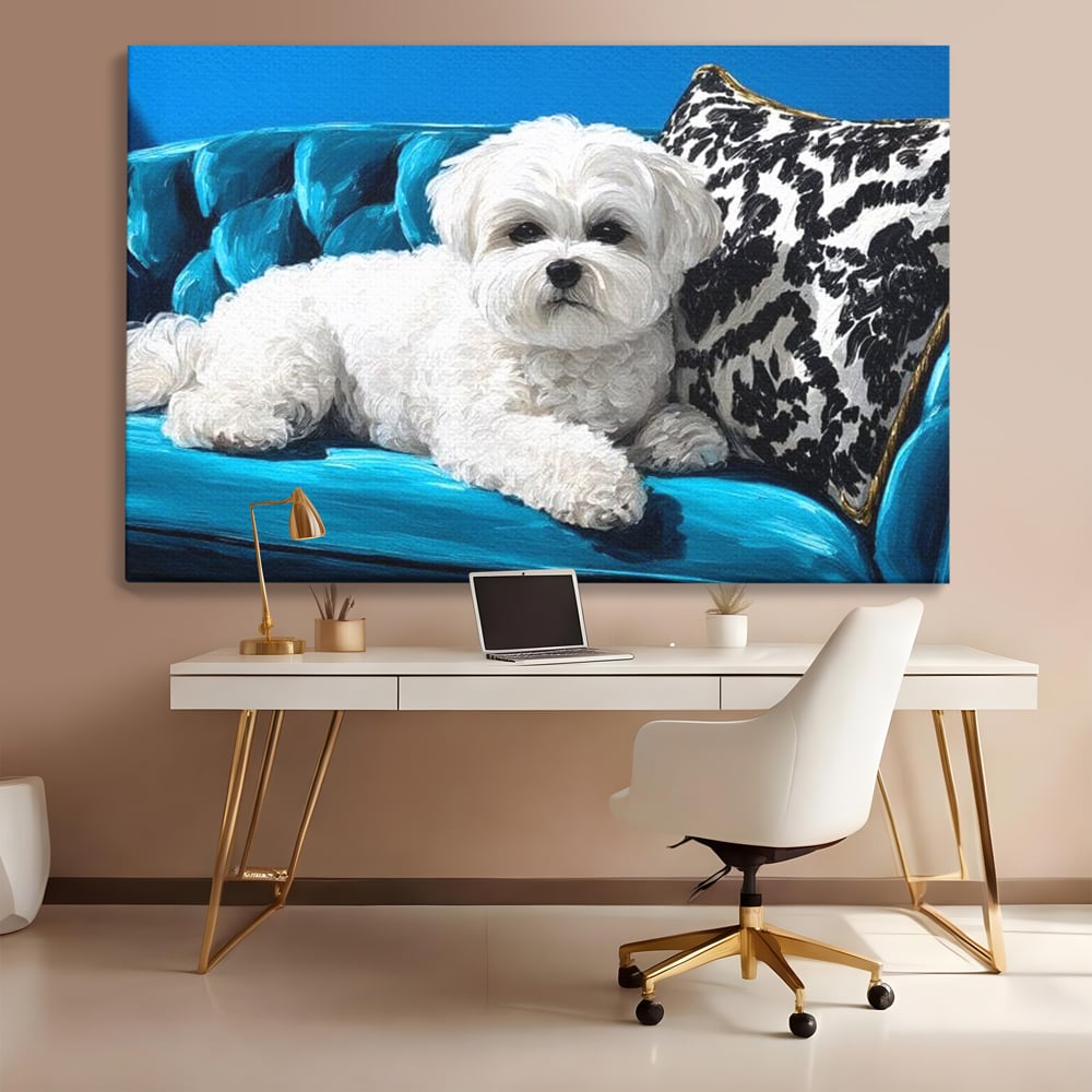 Tablou canvas cu pictura cu bichon alb pe canapea, fara rama, pe sasiu de lemn, pe perete intr-un birou
